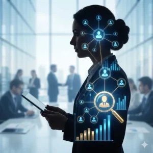 Curso de Selección de Personal. Silueta de gerente de recursos humanos analizando datos de talento y red de contactos.