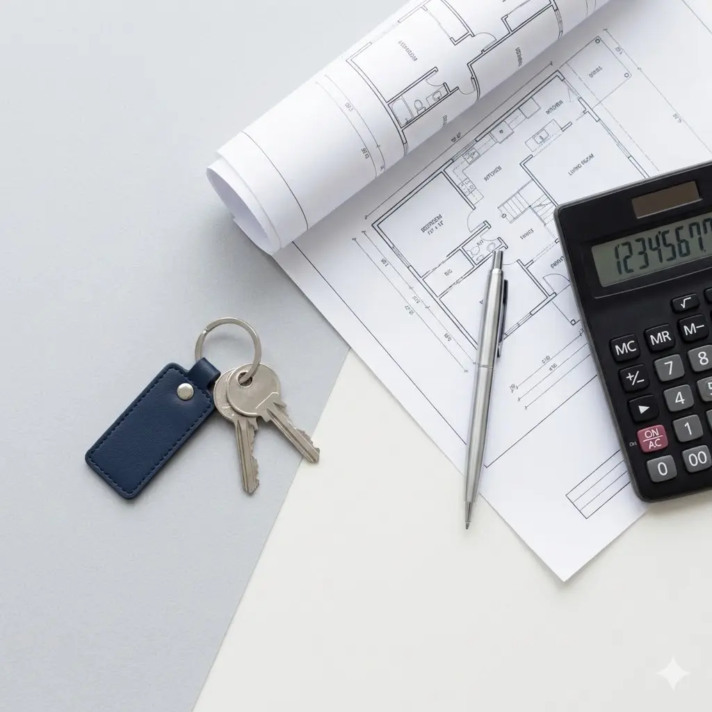 Curso de Agente Inmobiliario Profesional: Gestión, Ventas e Inversión 1 Materiales de agente inmobiliario: llaves, planos y calculadora para el curso de gestión de propiedades.