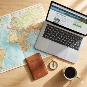 Mesa de trabajo de agente de viajes con mapa, pasaporte y ordenador planificando rutas.