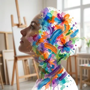 Silueta humana con explosión de colores y pintura en su interior, representando la arteterapia.