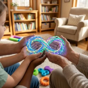 Curso de Autismo TEA. Manos diversas sosteniendo un símbolo de infinito arcoíris luminoso, representando la neurodiversidad y el apoyo en el autismo.
