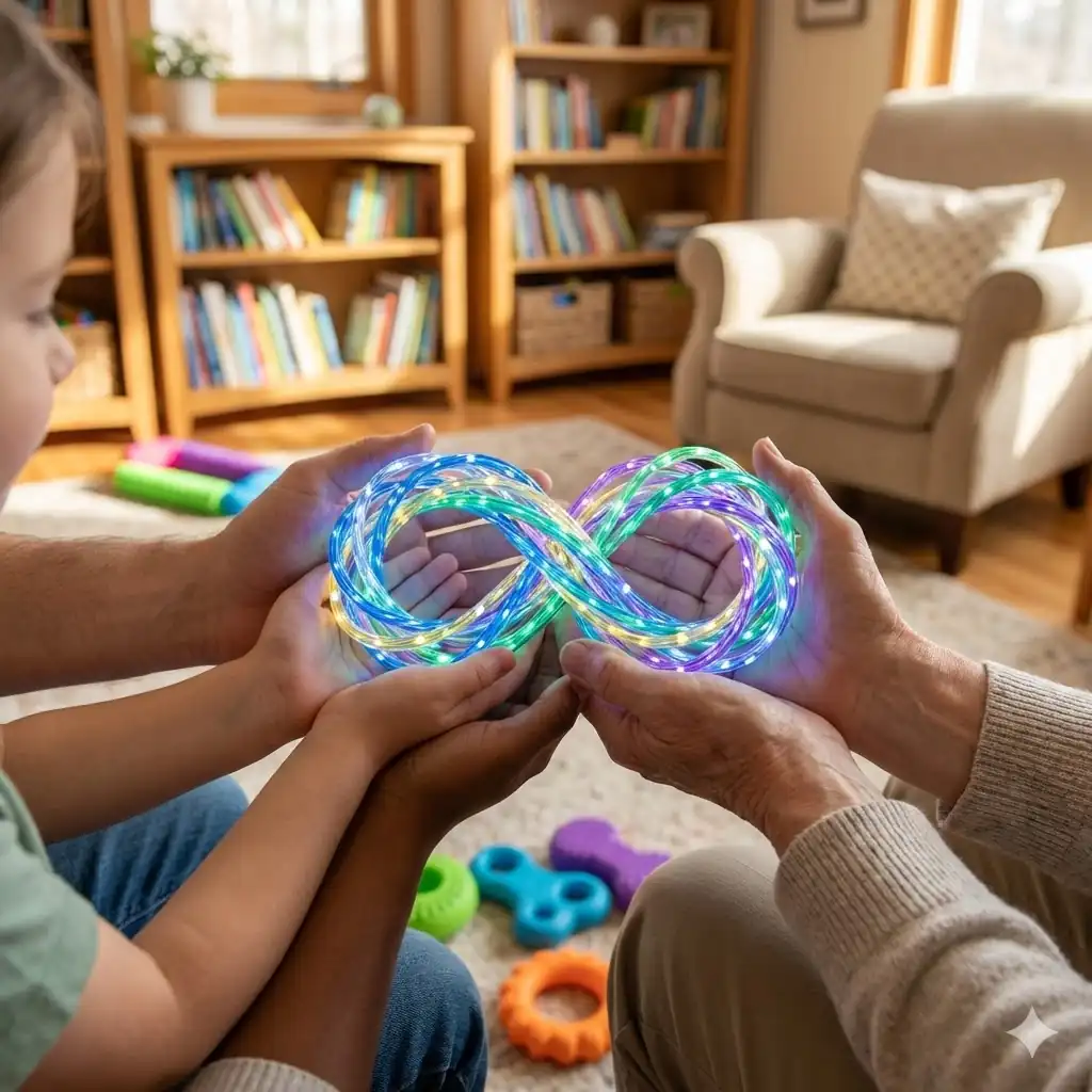 Curso de Autismo TEA: Diagnóstico, Neurodiversidad e Intervención Integral 1 Curso de Autismo TEA. Manos diversas sosteniendo un símbolo de infinito arcoíris luminoso, representando la neurodiversidad y el apoyo en el autismo.