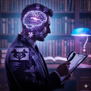 Curso de Psicodiagnóstico. Silueta de psicólogo integrando piezas de puzzle y tests, representando el proceso de psicodiagnóstico.