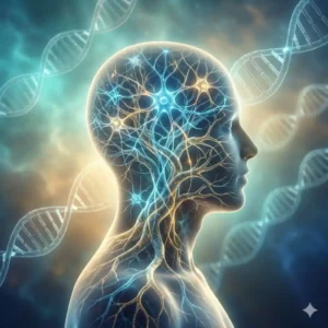 Silueta humana fusionada con raíces de árbol y adn, representando el curso de biodescodificación y transgeneracional.