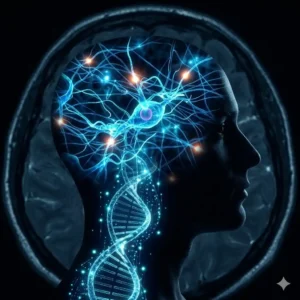 Bases biológicas del comportamiento. Silueta humana iluminada por redes neuronales y cadenas de ADN, portada del curso de biología del comportamiento.