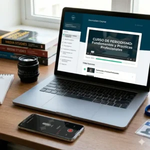 Curso de Periodismo. Escritorio de estudio luminoso con una laptop abierta mostrando la plataforma del "Curso de Periodismo: Fundamentos y Prácticas Profesionales". A su lado hay una libreta con las palabras "TRUTH, ETHICS, STORY", una lente de cámara, un smartphone grabando audio, libros de "Media Studies" y un pase de prensa.