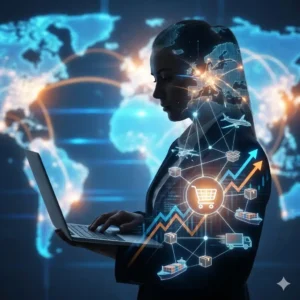 Curso de Dropshipping. Silueta de emprendedor con red logística global y tienda online en su interior.