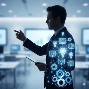 Especialista en Formación. Silueta de formador con engranajes de aprendizaje y diseño instruccional en su interior.