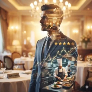 Curso de Gestión de Restaurantes y Hoteles. Silueta de gerente de hotel y restaurante con gráficos de rentabilidad y servicio 5 estrellas en su interior.