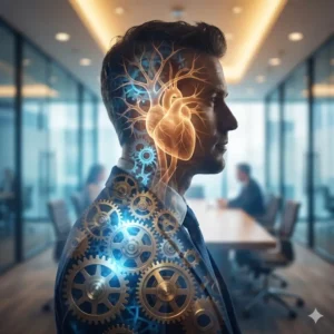 Silueta de líder con engranajes y luz cálida en su interior, representando inteligencia emocional en el trabajo.