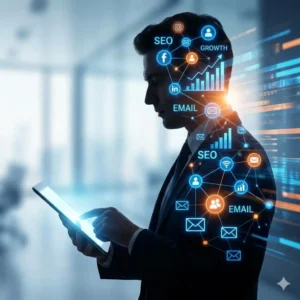Curso de Marketing Digital. Silueta de estratega digital con redes sociales, gráficos de crecimiento y SEO en su interior.