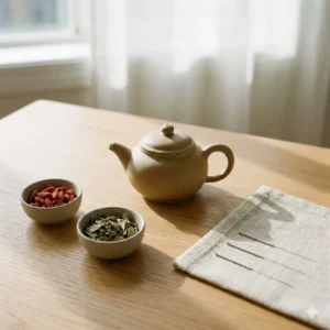 Elementos de medicina tradicional china: hierbas, agujas de acupuntura y té sobre mesa de madera.