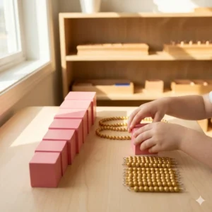 Curso Método Montessori. Manos de niño trabajando con la Torre Rosa y materiales Montessori de madera en un ambiente preparado y luminoso.