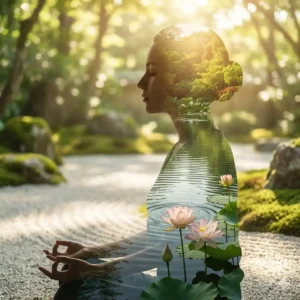 Curso de Mindfulness. Silueta de persona meditando con naturaleza en su interior, representando mindfulness y paz mental.
