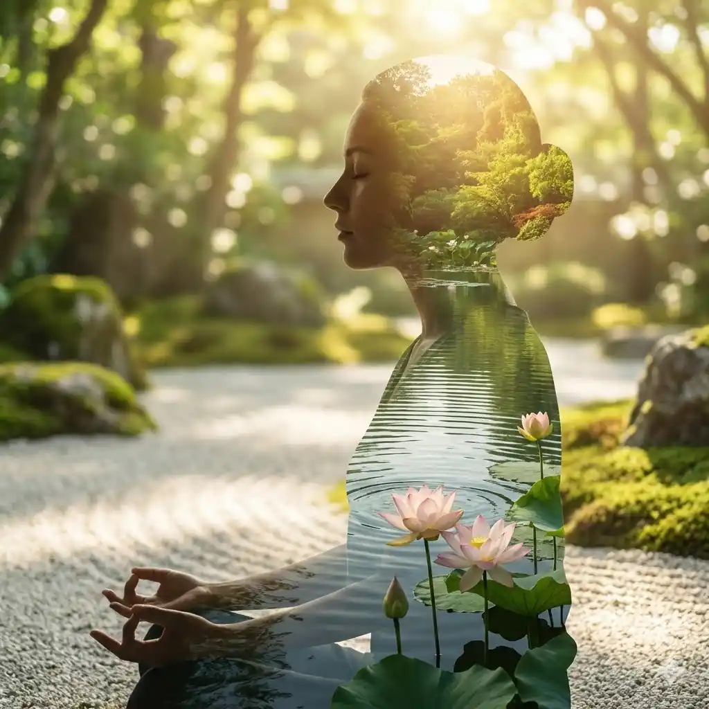 El fin del piloto automático: 5 verdades sobre el Mindfulness que cambiarán tu relación con el estrés 1 Curso de Mindfulness. Silueta de persona meditando con naturaleza en su interior, representando mindfulness y paz mental.