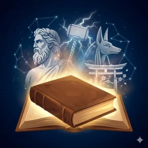 Libro abierto del que surgen símbolos de mitología griega, nórdica y egipcia, representando el curso de Mitología Universal.