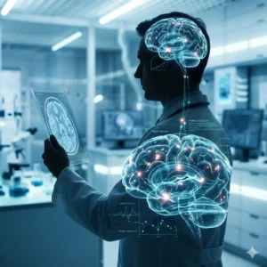 Curso de Neuropsicología Clínica. Silueta de profesional clínico con estructura cerebral detallada y redes neuronales en su interior.