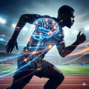 Curso de Psicología Deportiva. Silueta de atleta con redes neuronales y estadio en su interior, representando la psicología deportiva.