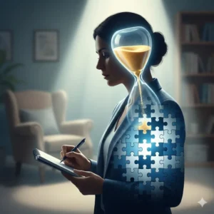 Psicoterapia Breve. Silueta de psicólogo con reloj de arena interior representando la psicoterapia breve y eficiente.
