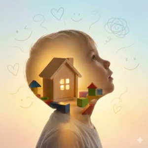 Psicoterapia Infantil y Adolescente. Silueta de niño con juguetes de madera y bloques en su interior, representando la terapia de juego y la psicoterapia infantil.