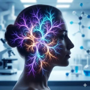 Silueta humana con red neuronal brillante en forma de micelio, representando la psicoterapia psicodélica asistida.