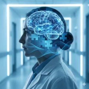 Curso de Psiquiatría. Silueta de psiquiatra con anatomía cerebral y redes neuronales, representando el diagnóstico de trastornos mentales.