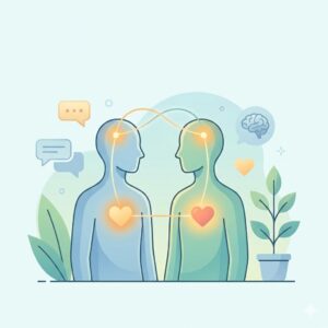 Ilustración minimalista de conexión emocional y mental entre dos personas, portada del Curso de Relaciones Conscientes y Vínculos Sanos