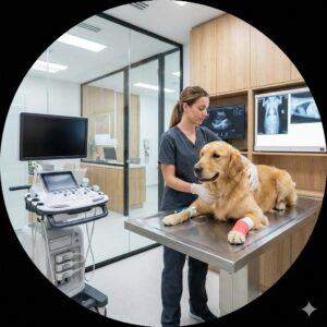 Técnico veterinario asistiendo a un perro en una clínica moderna con equipamiento médico.