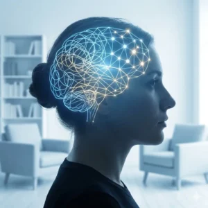 Curso de Terapia Cognitivo Conductual. Silueta de mente humana ordenando pensamientos caóticos, representando la terapia cognitivo conductual.