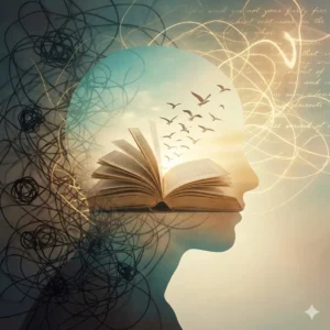 Silueta humana en perfil con un libro abierto transformándose en aves, representando la terapia narrativa.