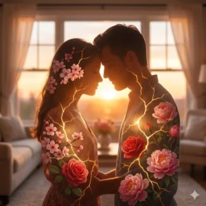 Curso de Terapia de Pareja. Silueta de pareja reconectando con luz cálida y flores en su interior, representando la terapia de pareja y el amor renovado.
