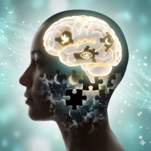Curso de Terapia Psicológica. Silueta humana con rompecabezas mental armándose, representando la terapia psicológica integral.