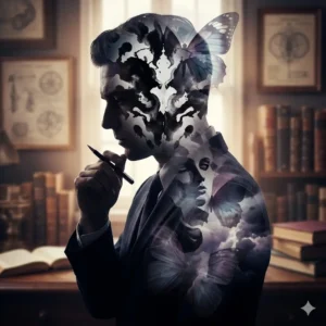 Curso de Test de Rorschach. Silueta de psicólogo con manchas de Rorschach y proyecciones mentales en su interior.