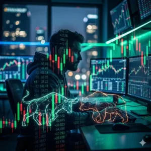 Curso de Trading y Análisis Técnico. Silueta de trader con gráficos de velas japonesas y datos financieros, portada del curso de trading y análisis técnico.