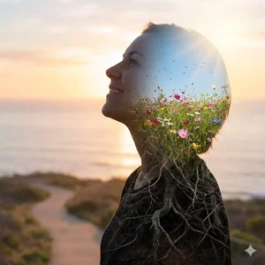Programa de recuperación de adicciones. Silueta de persona en recuperación mirando hacia la luz, con flores y aves en su interior representando la libertad de las adicciones.