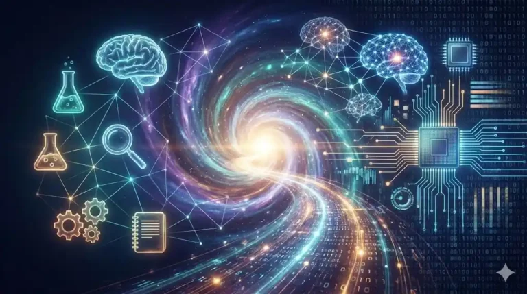 metodo cientifico e inteligencia artificial. Ilustración futurista que conecta el cerebro humano y el método científico con redes neuronales de inteligencia artificial, representando la claridad estratégica ante el caos de datos.
