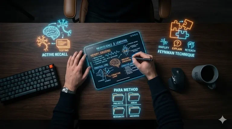 Representación conceptual de técnicas de estudio efectivas y aprendizaje activo, mostrando un escritorio moderno con elementos holográficos de organización mental y neurociencia cognitiva.
