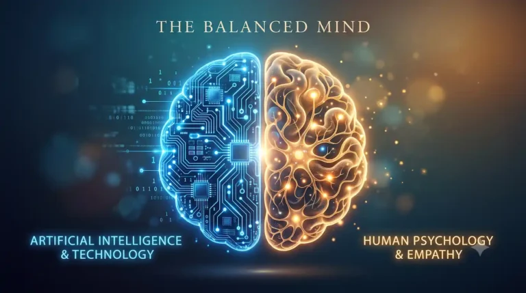 inteligencia artificial y psicologia habilidades 2026. Ilustración conceptual que muestra el equilibrio entre la inteligencia artificial y la psicología humana en el ámbito profesional.