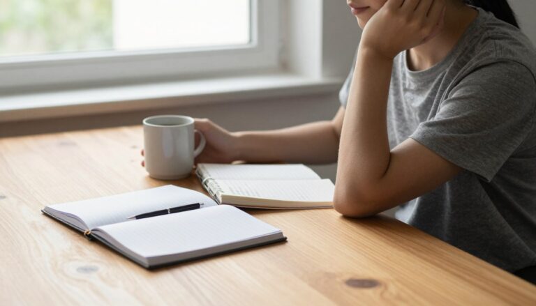 Persona adulta reflexiva frente a notas organizadas en una mesa de trabajo iluminada