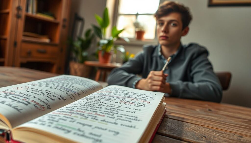 Persona escribe sobre sentimientos y bienestar emocional en un cuaderno Persona escribe sobre sentimientos y bienestar emocional en un cuaderno
