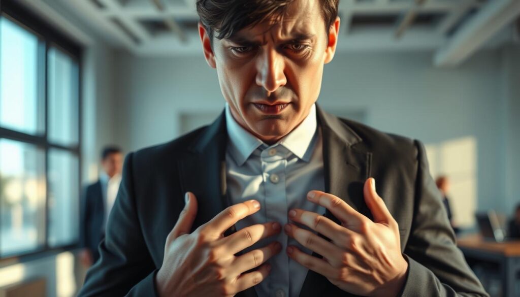 Persona observa tensión en el pecho antes de una situación ansiosa Persona observa tensión en el pecho antes de una situación ansiosa